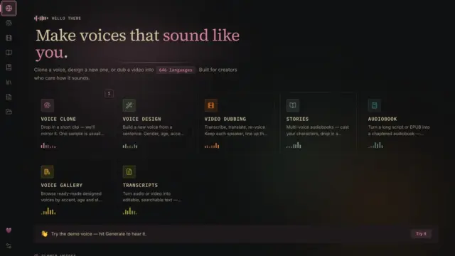 מסך הפתיחה של VoiceStudio עם הכותרת "Make voices that sound like you" וכרטיסיות של שכפול קול, עיצוב קול, דיבוב, סיפורים, ספרי שמע ותמלולים