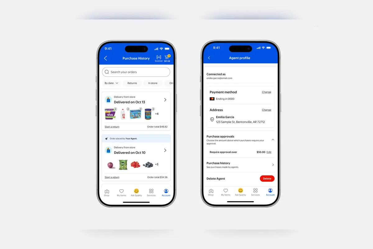 שני מסכי טלפון מציגים את ממשק החשבון של Walmart, כולל היסטוריית רכישות ופרופיל הסוכן