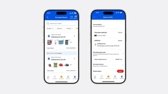 שני מסכי טלפון מציגים את ממשק החשבון של Walmart, כולל היסטוריית רכישות ופרופיל הסוכן