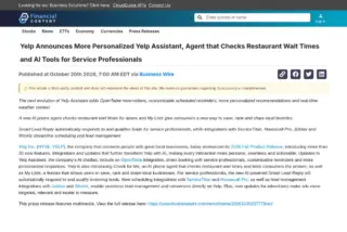 צילום מסך של הודעה לעיתונות על Yelp ועל הסוכן Check for Me ו-Yelp Assistant, בכותרת "Yelp Announces More Personalized Yelp Assistant"