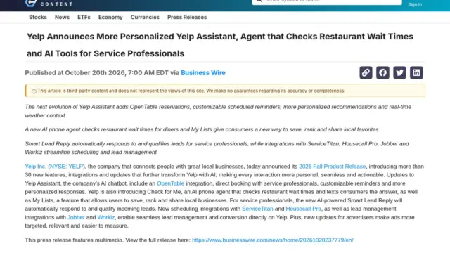 צילום מסך של הודעה לעיתונות על Yelp ועל הסוכן Check for Me ו-Yelp Assistant, בכותרת "Yelp Announces More Personalized Yelp Assistant"