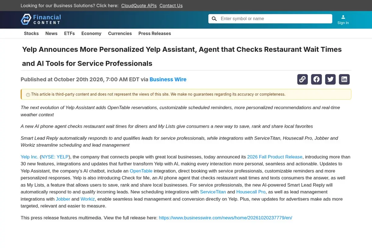 צילום מסך של הודעה לעיתונות על Yelp ועל הסוכן Check for Me ו-Yelp Assistant, בכותרת "Yelp Announces More Personalized Yelp Assistant"