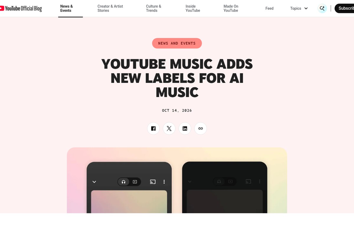 צילום מסך של דף ההכרזה בבלוג של YouTube על תוויות "Made with AI" בשירים, עם הכותרת "YouTube Music adds new labels for AI music".