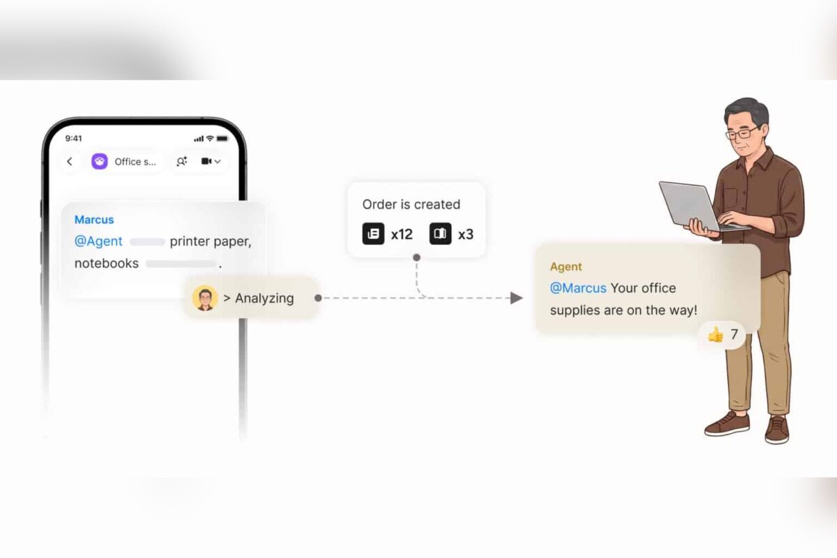 איור ממשק צ'אט של Zenzap: עובד שולח בקשה לסוכן AI בטלפון, והסוכן מאשר שהמשרדיות בדרך ומציג את פעולת ההזמנה